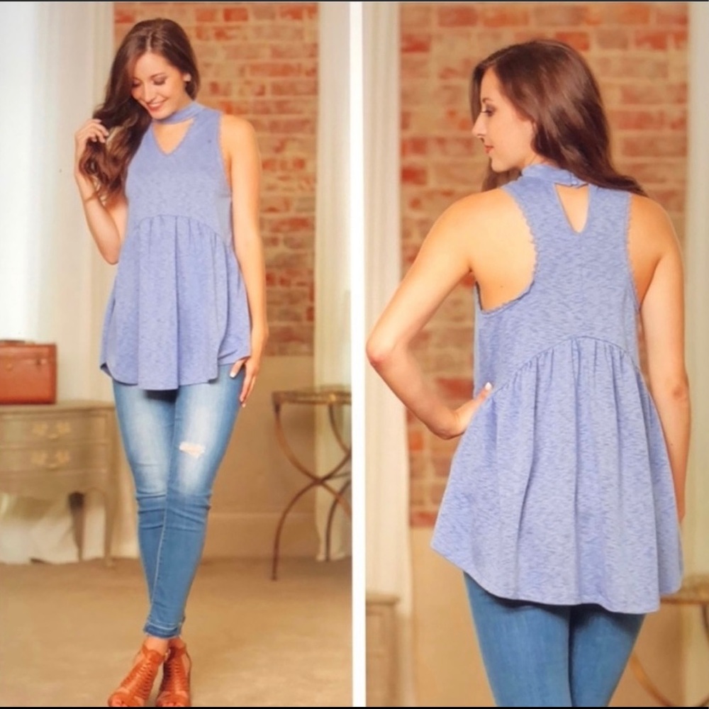 New! Sleeveless Halter Choker Blue Babydoll Tunic Triblend Scallop Arm Top - Picture 3 of 3